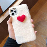 3D Love Heart Solid Color Warm Short Plush Phone Case Back Cover - iPhone 11 Pro Max/11 Pro/11/XS Max/XR/XS/X/8 Plus/8/7 Plus/7 - halloladies