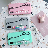 Cute Cartoon Crocodile Solid Color With Card Pocket Phone Case Back Cover - iPhone XS Max/XR/XS/X/8 Plus/8/7 Plus/7/6s Plus/6s/6 Plus/6 - halloladies