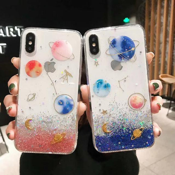 Glitter Gradient Planet Star Phone Case Back Cover - iPhone 11 Pro Max/11 Pro/11/XS Max/XR/XS/X/8 Plus/8/7 Plus/7 - halloladies