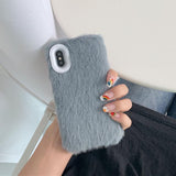 Solid Color Warm Rabbit Furry Plush Phone Case Back Cover - iPhone 11 Pro Max/11 Pro/11/XS Max/XR/XS/X/8 Plus/8/7 Plus/7 - halloladies