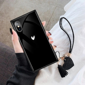 Solid Color Love Heart Square Lanyard Tempered Glass Phone Case Back Cover for iPhone 12 Pro Max/12 Pro/12/12 Mini/SE/11 Pro Max/11 Pro/11/XS Max/XR/XS/X/8 Plus/8 - halloladies