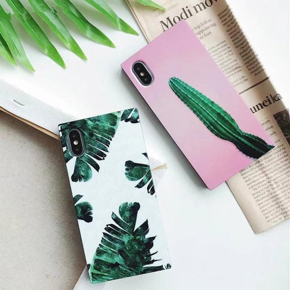 Simple Banana Leaves Cactus Square Phone Case Back Cover for IPhone XS Max/XR/XS/X/8 Plus/8/7 Plus/7/6s Plus/6s/6 Plus/6 - halloladies