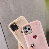 Simple Solid Color Winter Warm Short Plush Love Heart Soft Phone Case Back Cover - iPhone 11 Pro Max/11 Pro/11/XS Max/XR/XS/X/8 Plus/8/7 Plus/7 - halloladies