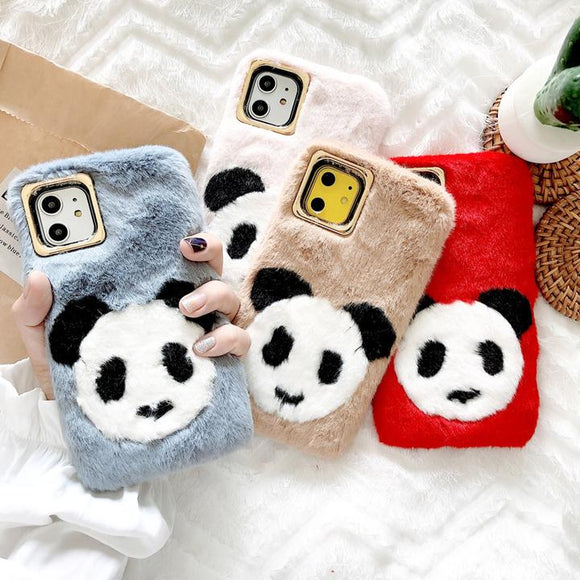 Cute Cartoon Panda Warm Furry Phone Case Back Cover for iPhone 11 Pro Max/11 Pro/11/XS Max/XR/XS/X/8 Plus/8/7 Plus/7 - halloladies