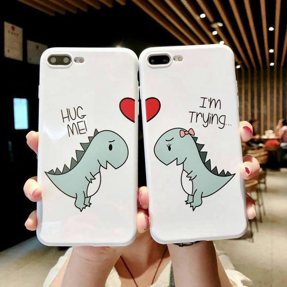 Couple Cartoon Cute Dinosaur HUG ME I'M TRYING Soft TPU Phone Case Back Cover - iPhone 12 Pro Max/12 Pro/12/12 Mini/11 Pro Max/11 Pro/11/XS Max/XR/XS/X/8 Plus/8/7 Plus/7 - halloladies