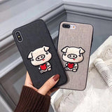 Embroidery Cute Pig Cloth Phone Case Back Cover for iPhone XS Max/XR/XS/X/8 Plus/8/7 Plus/7/6s Plus/6s/6 Plus/6 - halloladies