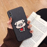 Embroidery Cute Pig Cloth Phone Case Back Cover for iPhone XS Max/XR/XS/X/8 Plus/8/7 Plus/7/6s Plus/6s/6 Plus/6 - halloladies