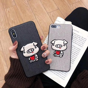 Embroidery Cute Pig Cloth Phone Case Back Cover for iPhone XS Max/XR/XS/X/8 Plus/8/7 Plus/7/6s Plus/6s/6 Plus/6 - halloladies