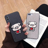 Embroidery Cute Pig Cloth Phone Case Back Cover for iPhone XS Max/XR/XS/X/8 Plus/8/7 Plus/7/6s Plus/6s/6 Plus/6 - halloladies