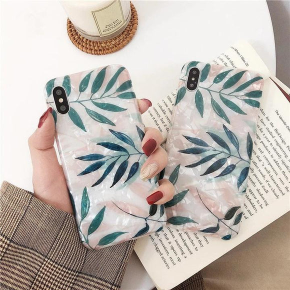 Fashion Glitter Conch Shell Green Leaf Silicone Phone Case Back Cover for iPhone XS Max/XR/XS/X/8 Plus/8/7 Plus/7/6s Plus/6s/6 Plus/6 - halloladies