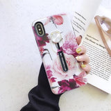Retro Flower Leaves Hide Loop Stand Phone Case Back Cover for iPhone 11 Pro Max/11 Pro/11/XS Max/XR/XS/X/8 Plus/8/7 Plus/7 - halloladies
