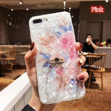 Shell Texture Flower with Finger Ring Phone Case Back Cover for iPhone 11/11 Pro/11 Pro Max/XS Max/XR/XS/X/8 Plus/8/7 Plus/7 - halloladies