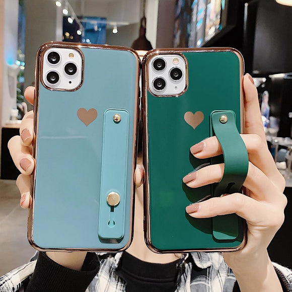 Solid Contrast Color Wrist Strap Band Heart Soft Phone Case Back Cover - iPhone 12 Pro Max/12 Pro/12/12 Mini/SE/11 Pro Max/11 Pro/11/XS Max/XR/XS/X/8 Plus/8 - halloladies