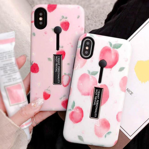 Cute Fruit Strawberry Peach Hide Ring Holder Stand Phone Case Back Cover - iPhone 11/11 Pro/11 Pro Max/XS Max/XR/XS/X/8 Plus/8/7 Plus/7 - halloladies