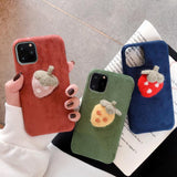 Warm Furry 3D Cartoon Strawbery Phone Case Back Cover for iPhone 11 Pro Max/11 Pro/11/XS Max/XR/XS/X/8 Plus/8/7 Plus/7 - halloladies