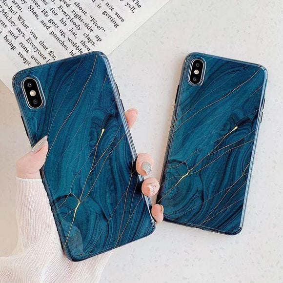 Golden lines Marble Blue Soft Phone Case Back Cover - iPhone 12/12Pro/12 Pro Max/12 Mini/11/11 Pro/11 Pro Max/XS Max/XR/XS/X/8 Plus/8/7 Plus/7 - halloladies