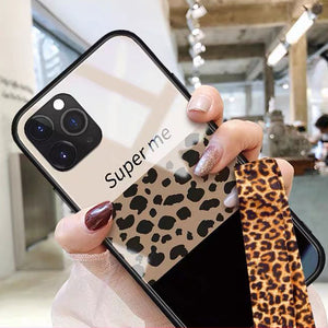 Luxury Leopard Print Tempered Glass With Lanyard Phone Case Back Cover - iPhone 11 Pro Max/11 Pro/11/XS Max/XR/XS/X/8 Plus/8 - halloladies