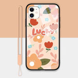 Luxury Cartoon Flower Cute Tempered Glass With Lanyard Phone Case Back Cover  for iPhone 11 Pro Max/11 Pro/11/XS Max/XR/XS/X/8 Plus/8 - halloladies