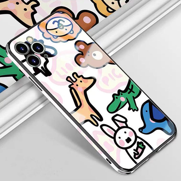 Cute Cartoon Zoo Print Tempered Glass With Lanyard Phone Case Back Cover - iPhone 11 Pro Max/11 Pro/11/XS Max/XR/XS/X/8 Plus/8 - halloladies