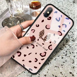 Stylish Pink Leopard Print Tempered Glass Phone Case Back Cover Cute Rabbit Ear for iPhone 11 Pro Max/11 Pro/11/XS Max/XR/XS/X/8 Plus/8 - halloladies