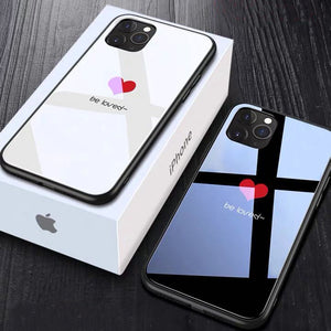 Tempered Glass Couple Love Heart Simple Black and White Phone Case Back Cover  With Lanyard for iPhone 11 Pro Max/11 Pro/11/XS Max/XR/XS/X/8 Plus/8 - halloladies