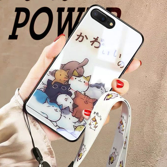 Cute Cartoon Cat Print Tempered Glass With Lanyard Phone Case Back Cover - iPhone 11 Pro Max/11 Pro/11/XS Max/XR/XS/X/8 Plus/8 - halloladies