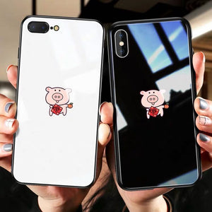 Cute Black White Couple Piggy Tempered Glass Phone Case Back Cover With Lanyard - iPhone 11 Pro Max/11 Pro/11/XS Max/XR/XS/X/8 Plus/8 - halloladies