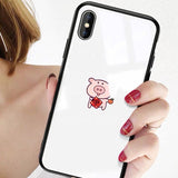 Cute Black White Couple Piggy Tempered Glass Phone Case Back Cover With Lanyard - iPhone 11 Pro Max/11 Pro/11/XS Max/XR/XS/X/8 Plus/8 - halloladies