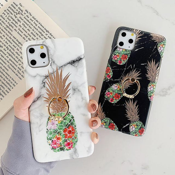 Gilded Pineapple Marble Finger Ring Phone Case Back Cover - iPhone 11 Pro Max/11 Pro/11/XS Max/XR/XS/X/8 Plus/8/7 Plus/7 - halloladies