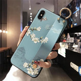 Retro Relief Flower with Wristband Holder Soft Phone Case Back Cover - iPhone 11/11 Pro/11 Pro Max/XS Max/XR/XS/X/8 Plus/8/7 Plus/7 - halloladies