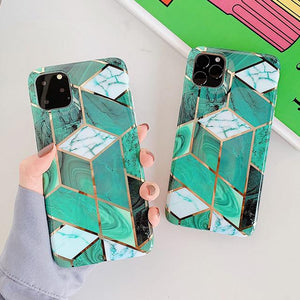 Dark Green Geometric Marble Gilded Line Phone Case Back Cover for iPhone 11/11 Pro/11 Pro Max/XS Max/XR/XS/X/8 Plus/8/7 Plus/7 - halloladies