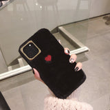 Simple Solid Color Winter Warm Short Plush Love Heart Soft Phone Case Back Cover - iPhone 11 Pro Max/11 Pro/11/XS Max/XR/XS/X/8 Plus/8/7 Plus/7 - halloladies
