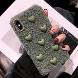 3D Love Heart Solid Color Plush Soft Phone Case Back Cover - iPhone 11/11 Pro/11 Pro Max/XS Max/XR/XS/X/8 Plus/8/7 Plus/7 - halloladies