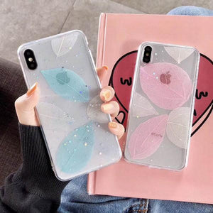 Real Dried Leaves Glitter Star Transparent Soft IMD Phone Case Back Cover for iPhone XS Max/XR/XS/X/8 Plus/8/7 Plus/7/6s Plus/6s/6 Plus/6 - halloladies