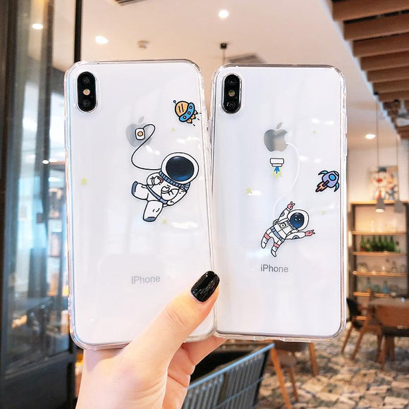 Cartoon Astronaut Rocket Transparent Soft Phone Case Back Cover - iPhone 12 Pro Max/12 Pro/12/12 Mini/SE/11 Pro Max/11 Pro/11/XS Max/XR/XS/X/8 Plus/8 - halloladies