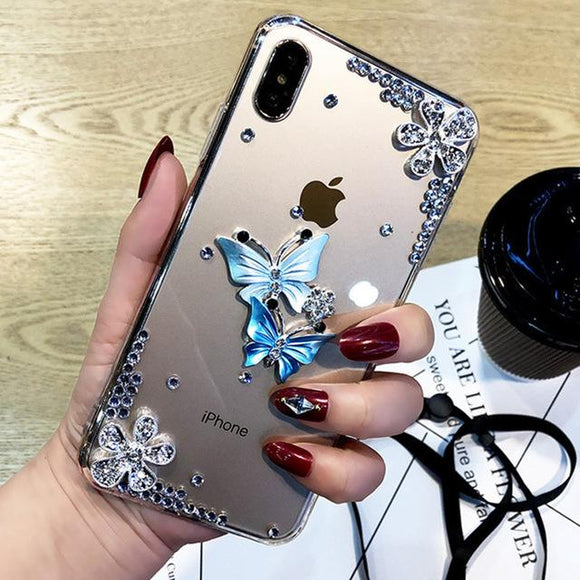 Butterfly Diamond Flower Rhinestone Tansparent Soft Phone Case Back Cover for iPhone 11/11 Pro/11 Pro Max/XS Max/XR/XS/X/8 Plus/8/7 Plus/7 - halloladies