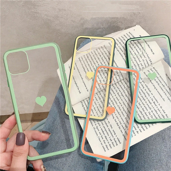 Contrast Color Love Heart Transpaent Hard Phone Case Back Cover for iPhone 12 Pro Max/12 Pro/12/12 Mini/SE/11 Pro Max/11 Pro/11/XS Max/XR/XS/X/8 Plus/8 - halloladies