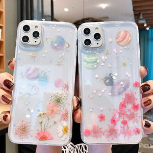 Real Dried Flower Planet Space Heart Star Soft Phone Case Back Cover - iPhone 11 Pro Max/11 Pro/11/XS Max/XR/XS/X/8 Plus/8/7 Plus/7 - halloladies