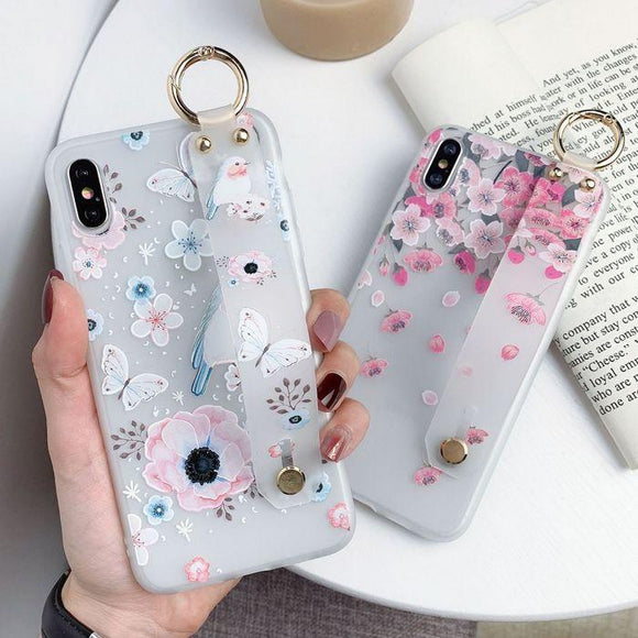 Retro 3D Relief Flower Wrist Strap Phone Case Back Cover - iPhone 11/11 Pro/11 Pro Max/XS Max/XR/XS/X/8 Plus/8/7 Plus/7 - halloladies