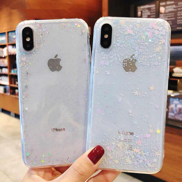 Bling Powder Glitter Star Transparent Phone Case Back Cover for iPhone 11/11 Pro/11 Pro Max/XS Max/XR/XS/X/8 Plus/8/7 Plus/7 - halloladies