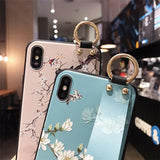 Retro Relief Flower with Wristband Holder Soft Phone Case Back Cover - iPhone 11/11 Pro/11 Pro Max/XS Max/XR/XS/X/8 Plus/8/7 Plus/7 - halloladies