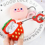 Airpods Wireless Bluetooth Earphone Cases with Ring Lanyard - Cartoon Strawberry Peach - halloladies