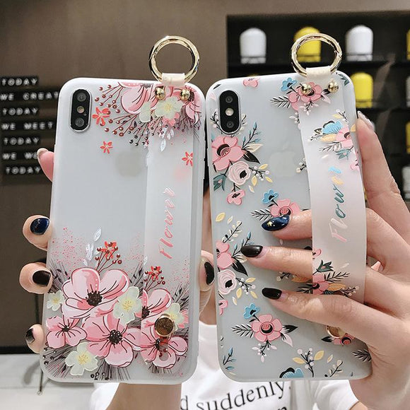 Simple Flower Lanyard Stand Phone Case Back Cover for iPhone 11 Pro Max/11 Pro/11/XS Max/XR/XS/X/8 Plus/8/7 Plus/7/6s Plus/6s/6 Plus/6 - halloladies