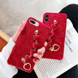 Red Plush Love Heart Wrist Strap Phone Case Back Cover - iPhone 11/11 Pro/11 Pro Max/XS Max/XR/XS/X/8 Plus/8/7 Plus/7 - halloladies