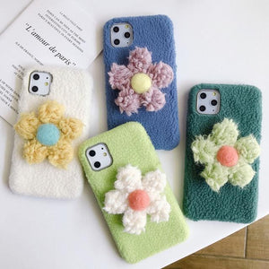 Plush Solid Color 3D Flower Phone Case Back Cover for iPhone 11 Pro Max/11 Pro/11/XS Max/XR/XS/X/8 Plus/8/7 Plus/7 - halloladies