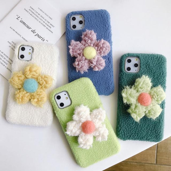 Plush Solid Color 3D Flower Phone Case Back Cover for iPhone 11 Pro Max/11 Pro/11/XS Max/XR/XS/X/8 Plus/8/7 Plus/7 - halloladies