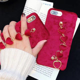 Red Plush Love Heart Wrist Strap Phone Case Back Cover - iPhone 11/11 Pro/11 Pro Max/XS Max/XR/XS/X/8 Plus/8/7 Plus/7 - halloladies