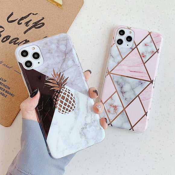 Luxury Plating Pineapple Marble Geometric Soft Phone Case Back Cover - iPhone 12 Pro Max/12 Pro/12/12 Mini/SE/11 Pro Max/11 Pro/11/XS Max/XR/XS/X/8 Plus/8 - halloladies