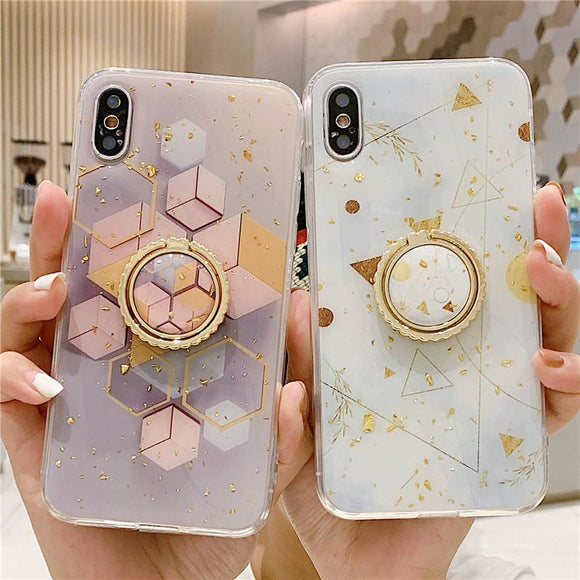 Geometric Gold Foil Finger Ring Stand Phone Case Back Cover - iPhone 11/11 Pro/11 Pro Max/XS Max/XR/XS/X/8 Plus/8/7 Plus/7 - halloladies