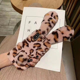 Rabbit Hair Fluffy Fur Plush Leopard iPhone Case Back Cover for iPhone 11 Pro Max/11 Pro/11/XS Max/XR/XS/X/8 Plus/8/7 Plus/7 - halloladies